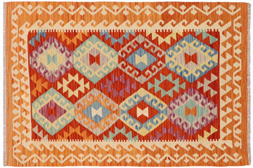 Flat Weave Kilim, Antique, Navaho, Vintage, Handmade, Geometric Kilim Rust Beige Hand-Woven Rectangle 100% Wool Area Rug 3 x 5